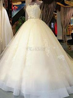 Tüll Normale Taille Schaufel-Ausschnitt Besondere Brautkleid mit Applike mit Schleife
