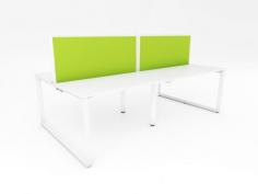 Ol Anvil Desk 4-User Double Sided Workspace with Breathe Fabric Screen

Features of Anvil Desk
50 x 50 mm triangle end frames with flush ground weld finish
50 x 25 mm rails
Frames finished in Gloss White powdercoat
25 mm worksurfaces finished in White melamine on E0 grade substrate with matching PVC edge
Fixed height 715 mm (incl worksurface)
Compatible with comseal cable tidy system
10 year warranty
Flatpack, assembly required
Features of Studio50 Screen
50 mm thickness
500 mm above worktop (approx 1220 mm AFL) (can be modified)
Breathe fabric all over
Screen to desktop brackets included
Powdercoat frame finished in white
Option for glazing upgrade
Made to order
