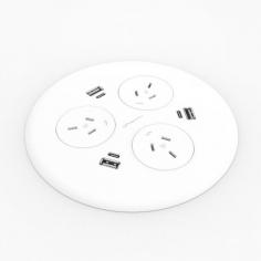 Blinky 3 Pin Power Pod

https://workproducts.au/ 

Blinky is specifically suited to shared, open and conferencing spaces. The circlar module recesses into the surface providing 360° access to three shuttered GPOs with the option of 30W USB Type-C/A PD fastcharging for tablets, smartphones and even some laptops.

Features
Stylish design solution incorporating 3 GPOs and/or 3 x 30W Type-C/A USB PD fast-charging.
Outlets feature a push-fit shutter design preventing dust and grime build-up.
Available with either a 3-pin plug or softwiring TAG lead for daisy chaining.
Simple 135mm circular cut-out for fast installation.