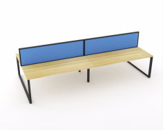 Ol Anvil Desk 4-User Double Sided Workspace with Breathe Screen & Black Frame Oak Top

Features of Anvil Desk
50 x 50 mm triangle end frames with flush ground weld finish
50 x 25 mm rails
Frames finished in Gloss Black powdercoat
25 mm worksurfaces finished in Oak melamine on E0 grade substrate with matching PVC edge
Fixed height 715 mm (incl worksurface)
Compatible with comseal cable tidy system
10 year warranty
Flatpack, assembly required
Features of Studio50 Screen
50 mm thickness
500 mm above worktop (approx 1220 mm AFL) (can be modified)
Breathe fabric all over
Screen to desktop brackets included
Powdercoat frame finished in black
Option for glazing upgrade
Made to order