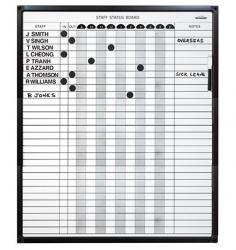 VC Magnetic Staff Status Board

Ideal for every busy workplace or staff roster system. Available in 3 different sizes.

Supplied with:
Magnetic marker buttons
Black adhesive letters/numbers
Bonus black marker
White magnetic name blocks
Dry Wipe Surface
Magnetic Receptive