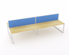 Ol Anvil Desk 4-User Double Sided Workspace with Breathe Screen & White Frame Oak Top

Features of Anvil Desk
50 x 50 mm triangle end frames with flush ground weld finish
50 x 25 mm rails
Frames finished in Gloss White powdercoat
25 mm worksurfaces finished in Oak melamine on E0 grade substrate with matching PVC edge
Fixed height 715 mm (incl worksurface)
Compatible with comseal cable tidy system
10 year warranty
Flatpack, assembly required
Features of Studio50 Screen
50 mm thickness
500 mm above worktop (approx 1220 mm AFL) (can be modified)
Breathe fabric all over
Screen to desktop brackets included
Powdercoat frame finished in white
Option for glazing upgrade
Made to order