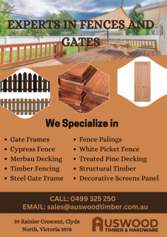Auswood Timber & Hardware excels in fences and gates, offering premium #gateframes, #cypressfence, #merbaudecking, , structuraltimber, , and #treatedpinedecking. Our high-quality materials ensure durability and style, making us the trusted choice for fencing and decking solutions