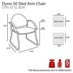 MA Dino 50 Black Sled Base Arm Chair

Features :
Steel fully welded frame with upholstered seat and back
With arms for added comfort and support
Quality PP outer back & seat under pan beneficial for moisture & bacteria resistance
Dimensions(mm) : 810H x 590W x 670D
Weight : 9.1kg
Weight Capacity : 135kg
Warranty : 5 Year