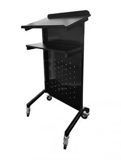 VC Professional Black Lectern

Professional and stylish black powder coated lectern with bonus LED light and signage solution.
Features
Black powder coated steel body with black melamine shelves
Non-perforated top section for title or logo signage
BONUS A3 clear magnetic signage sleeve
BONUS flexi clip on battery powered LED light
Stable A-leg design with 4x locking castors
Second shelf for storage of notes, water.
Flat pack design and easy self-assembly
1200mm high x 545mm width x 450mm depth
Top shelf: 600 x 400mm, middle shelf: 550 x 260mm