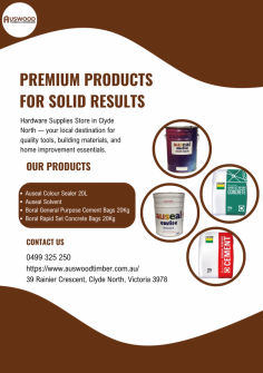 Premium Products for Solid Results


Auseal Colour Sealer 20L offers durable protection and vibrant finish for your surfaces. Auseal Solvent ensures efficient cleaning and preparation. Boral General Purpose Cement Bags 20Kg provide reliable strength for everyday projects. Boral Rapid Set Concrete Bags 20Kg deliver fast, strong setting for urgent jobs.
