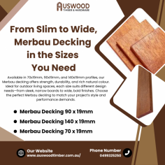 
Premium Merbau Decking available in 90 x 19mm, 140 x 19mm, and 70 x 19mm sizes. Durable, rich in color, and ideal for outdoor spaces. Perfect for lasting beauty and strength in any decking project.

#merbauDecking #deckingTimber #outdoorLiving #hardwoodDecking #landscaping #timberSupplies #homeimprovement
