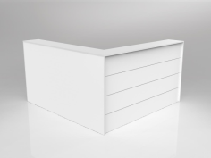 OL L Shape Axis Reception Facade
Axis Reception Counter Facade
ISO 14001 & ISO 9001 Certified
1842mm x 1842mm x 1130mm high x 300mm deep
Fits over Axis, Anvil, Aero 1800 x 1800w 90degree Workstations
18 mm White melamine on E0 grade
substrate with matching PVC edge
Flush-joined construction detailing
 All reception options require freestanding worksurfaces
Aluminium beading detail on front
Flatpack, assembly required
Warranty: 10 Years