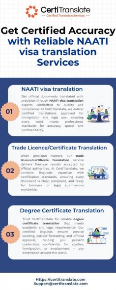 At CertiTranslate, we ensure every document meets official standards with precision and care. Our experienced linguists deliver flawless results through NAATI visa translation, guaranteeing acceptance for immigration and legal processes. Count on us for accuracy, confidentiality, and fast turnaround that simplifies your journey toward successful visa and migration applications.
Visit: https://certitranslate.com/naati-certified-translation/visa/