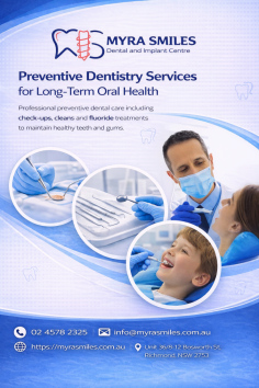 Myra Smiles Dental and Implant Centre offers professional preventive dentistry services including regular check-ups, dental cleans and fluoride treatments. Our focus is on maintaining strong teeth, healthy gums and early detection of dental issues to support long-term oral health for patients of all ages.