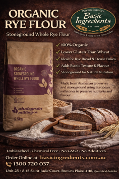 Premium Organic Stoneground Whole Rye Flour by Wholegrain Milling Co, available at Basic Ingredients. This organic rye flour is made from Australian grown grain and stoneground using traditional European methods to retain natural nutrients and flavour. Ideal for rye bread, sourdough, and dense bakes. Unbleached, chemical free, and GMO free. Shop online today.