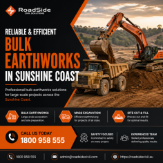 RoadSide Civil Solutions provides professional bulk earthworks in Sunshine Coast, delivering efficient excavation, site preparation, mass earthmoving, and cut-and-fill services for civil, commercial, and construction projects. Our experienced team focuses on safety, precision, and dependable results to keep every project moving smoothly from start to finish.