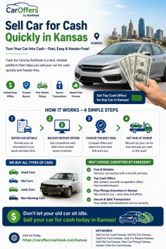 Sell car for cash in Kansas with Cash for Cars by KarKiosk. We make selling your used, old, junk, or non-running vehicle simple and stress-free. Enter your car details, receive competitive cash offers from trusted buyers, choose the best deal, and get paid at pickup. Enjoy free vehicle removal, secure transactions, and fast service throughout Kansas. Turn your unwanted vehicle into cash today with a reliable platform designed to save you time and effort.