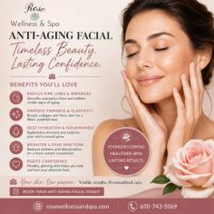 Restore your skin's youthful glow with advanced anti-aging facial treatments. Anti-aging facials help reduce the appearance of fine lines and wrinkles, improve skin elasticity, increase hydration, and promote a brighter, smoother complexion. These rejuvenating treatments nourish your skin and encourage healthy cell renewal, leaving you with a refreshed and radiant appearance. Discover the benefits of personalized skincare at Rose Wellness & Spa.