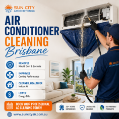 Keep your home fresh, healthy, and energy efficient with professional air conditioner cleaning Brisbane services from Sun City Air Conditioning. This image highlights a technician performing a deep clean on a split system using specialist equipment to remove mould, dust, and bacteria. Regular cleaning improves cooling performance, enhances indoor air quality, reduces energy costs, and helps extend the life of your air conditioner. Trusted by Brisbane homeowners with over 30 years of experience.