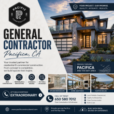 Looking for a reliable general contractor in Pacifica? Pacific Construction provides professional residential construction and remodeling services designed to bring your vision to life. From complete home renovations and kitchen remodeling to bathroom remodeling, room additions, custom builds, and exterior improvements, our licensed and experienced team delivers superior craftsmanship on every project. We manage every phase of construction with clear communication, quality materials, transparent pricing, and timely completion, ensuring a smooth and stress-free experience. Whether you're upgrading your existing home or planning a new construction project, Pacific Construction is committed to exceeding your expectations with dependable service and lasting results.