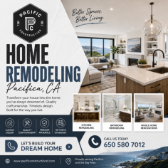 Give your home a fresh new look with expert home remodeling in Pacifica from Pacific Construction. We specialize in complete home renovations, including kitchen remodeling, bathroom remodeling, room additions, flooring, painting, custom carpentry, and interior and exterior upgrades. Our licensed and experienced team is committed to delivering high-quality craftsmanship, innovative designs, and reliable project management from start to finish. Whether you're updating a single room or transforming your entire home, we create beautiful, functional spaces that enhance comfort, style, and property value. Trust Pacific Construction to bring your vision to life with personalized solutions, transparent pricing, and on-time completion.